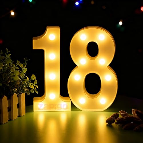 Image of Balloonistics LED Marquee Number 18 Light - Cordless Battery-Operated 8.66-Inch Warm Glow Number Sign for 18th Birthday, Anniversary, Wedding, Party Decoration, Photo Booth Backdrop, Cake Table Decor