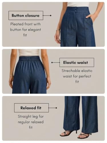 Image of Women's High Waist Wide Leg Trousers | High Rise Button Closure Palazzo Pants | Comfortable Casual Formal Office Wear Trousers | Stylish Bottom Wear for Women