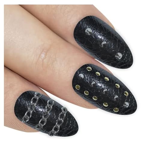 Bling Art Almond False Nails Fake Stiletto Punk Black 24 Long Acrylic Tips Glue Cover