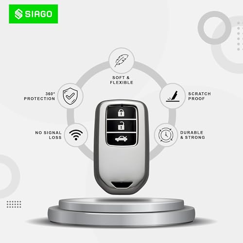 Image of SIAGO TPU Key Cover Compatible with Honda City, Civic, Jazz, Amaze, CR-V, BR-v, WR-V with 3 Button Smart Key (Grey Pack of 1)
