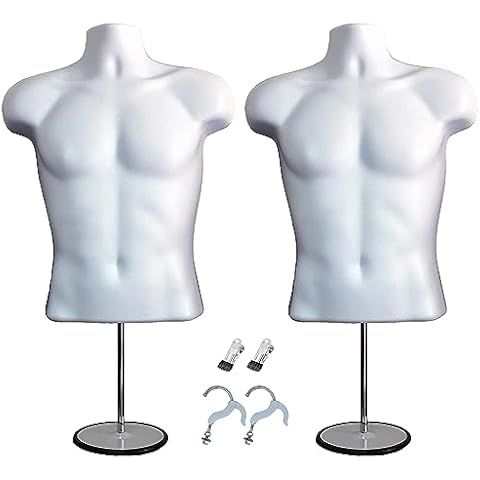 DisplayTown 2 White Male Mannequin Hollow Back Body Torso Set w/ Clothes Clips, Metal Stands and Metal Poles & Hanging Hooks, S-M Sizes Cover