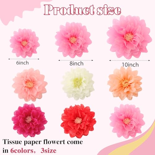 Geyee 18 Pcs Mexican Paper Flowers Colorful Fiesta Tissue Paper Flowers Pom Poms Mexican Carnival for Floral Party Backdrop Wedding Birthday Party Craft, 6" 8" 10"(Pink Series) by Geyee - Image 2
