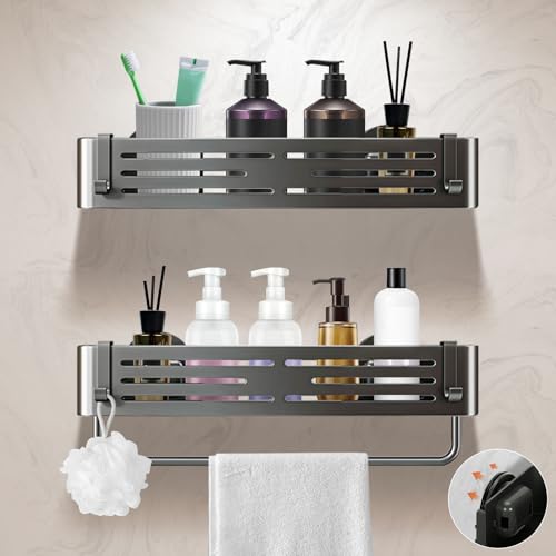 Lekesky Estante Ducha sin Taladro con Toallero y Ventosas Fuertes, Aluminio Inoxidable, Estante Baño y Organizador Ducha Desmontable, para Bañera, Cocina o Apartamento, 2 Unidades, Gris Gunmetal