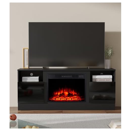 M.C.Haus Chimenea Eléctrica con Soporte de TV, para TV de hasta 143.9cm*80cm,Entretenimiento en Textura de Madera con Luz LED, Mueble de Realce y Frente de Cristal, 147.3cm,Negro