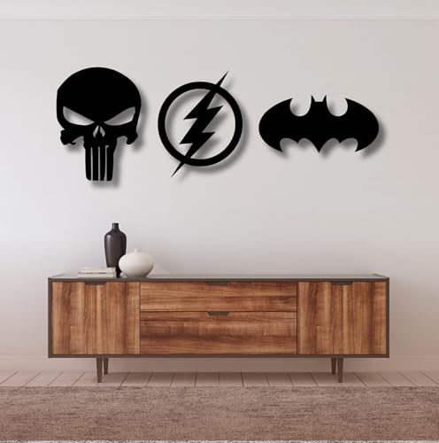 Image of TWIGGY Superhero 6mm MDF Wooden Wall Decor Set for Home, Office, or Gaming Room, Gift, Anime (pack of 3 | The Batman,Punisher,Flash)