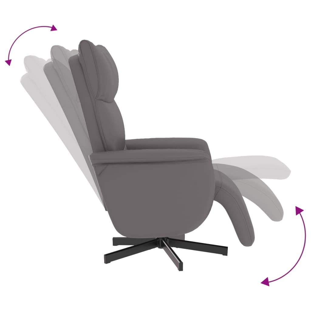 Fotel relaksacyjny z podnóżkiem, szary, sztuczna skóra, regulowany, obrotowy, z funkcją leżenia i podłokietnikami, ergonomiczny, wygodny do salonu, biura, kącika do czytania, kominka