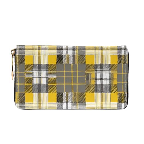 (Yellow Gray Black Plaid) Faux Leather Wallet Long Clutch Zipper Purse Card Holder Travel Coins Cash Organizer Phone Pocket 7.48 x 4.13 x 0.9 inches2