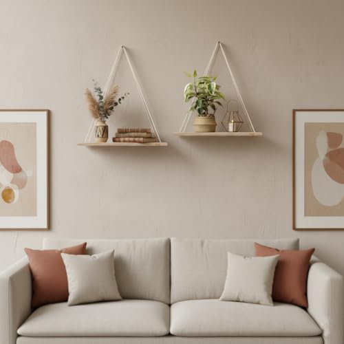 Image of Set of 2 Hanging Rope Shelf with Adhesive Wall Hook for Wall Decor - Rustic Wood Floating Shelves for Bedroom, Living Room, Kitchen - Boho Swing Plant Holder with Natural Jute Rope
