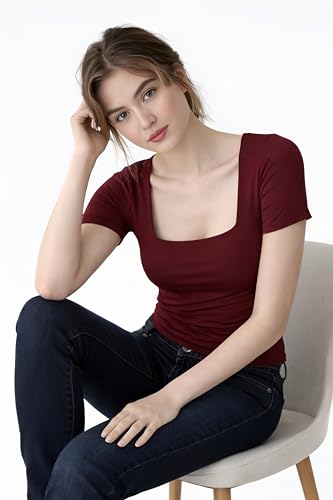 Image of SIGHTBOMB SOFTLINE SQUARE NECK DOUBLE LAYER SHORT SLEEVE MICROFIBER CUDDLE TEE AFFORD LUX EDITION FEATHER TOUCH TOP FOR WOMEN