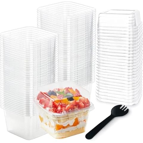 Hazyore 50pcs 8oz Plastic Parfait Cups with Lids and Sporks, Square Dessert Cups with Spoons, Disposable Cake Container for Party Mousse Ice Cream Pudding Snacks Fruits Cupcake Cover