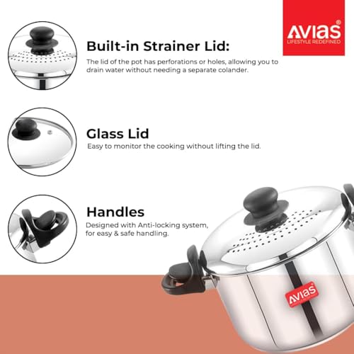 Image of AVIAS Stainless Steel Rice /Pasta Strainer Pot 3.7L with Glass Lid & Built-in Strainer | Triply Bottom | Locking Lid | for Rice, Pasta, Noodles, SOYA & Vegetables | Induction & Gas Compatible
