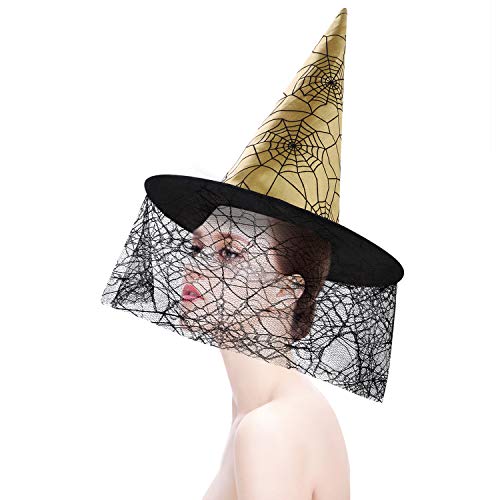 魔女帽 ハロウィン帽子 エレガント 蜘蛛の巣飾り 雰囲気作り とんがり帽子 魔女コスチューム ハロウィンハット コスプレ小道具 パーティーグッズ お化け屋敷 仮面舞踏会 イベント 仮装 文化祭 学園祭 金色