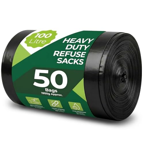 Roe Tenpo 50 Pack Heavy Duty Black Bin Bags 100L 33 m Recyclable Refuse Sacks Leak-Proof Bin Liners Rubbish Bags for Kitchen Home DIY & Garden Household Office & Catering