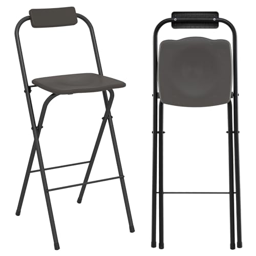 COSTWAY 2 Taburetes de Bar Plegables, Silla Alta de Metal, Respaldo y Reposapiés, Taburetes Altos Interior Exterior Terraza Césped Balcón y Porche, 48 x 42,5 x 101 cm (Gris)