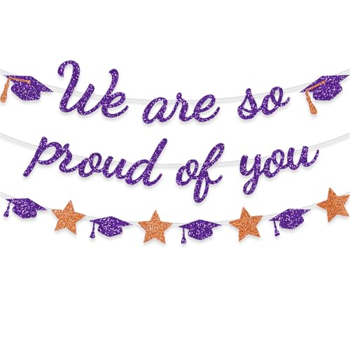 Image of We Are So Proud Of You Banner Graduation Party Decorations Glitter Congratulations Class Grad Ideas Purple Orange