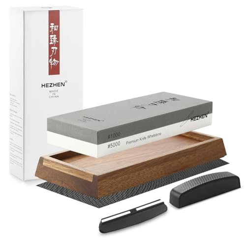 HEZHEN Double-Side Whetstone Extra Large Corundum Sharpening Stone Kit Professional Knife Sharpener Set 1000/5000 Grit with Non-Slip Acacia Wood Base/Flattening Stone/Angle Guide