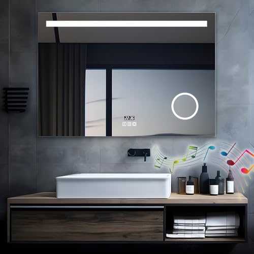 MIQU Specchio da bagno a LED con illuminazione, 120 x 80 cm, specchio da bagno, grande con presa di corrente, orologio Bluetooth Touch, dimmerabile, caldo/bianco, senza appannamento, ingrandimento