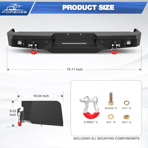 POFENZE 09-14 F150 Rear Bumper Full Width Offroad Bumper w/Step Plate, 2x18w Lights, D-rings, License Plate Lights for 2009-2014 Ford F150 Pickup Trucks (Excluding Raptor)