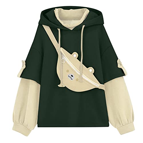 Sweat à capuche en forme d'ours pour femme, sweat-shirt patchwork, pull à manches longues avec poche de personnalité mignonne, vert, L