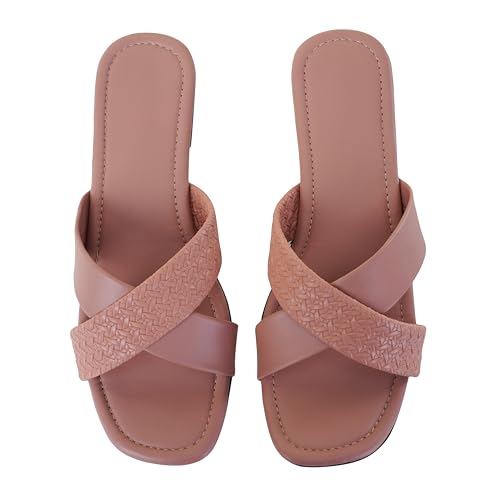 Image of Women's Cross Strap Textured Flat Sandals - Stylish and Comfortable Slip-On Flats