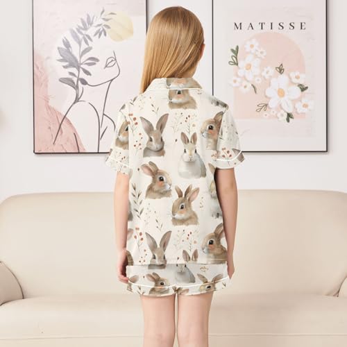 ALAZA Lovely Rabbit Watercolor Leaves Satin Pajamas Set Short Sleeve Button Down Sleepwear Summer Pjs 2 Piece4