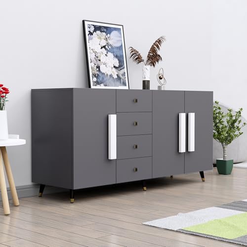 Image of Bniture Storage Cabinet Wooden for Living Room Sideboard with 4 Drawer and 3 Door | Multipurpose Storage Organizer Chest of Drawer Cabinet for Home Hallway Drawing Room Bedroom Kitchen | Slate Grey