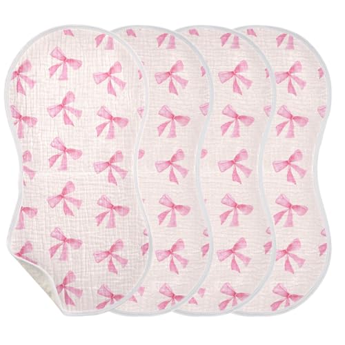 Image of Burbuja Pink Bow Muslin Baby Burp Cloths, Soft & Absorbent Cotton Burping Rags for Newborn Boys & Girls, 4 Pack