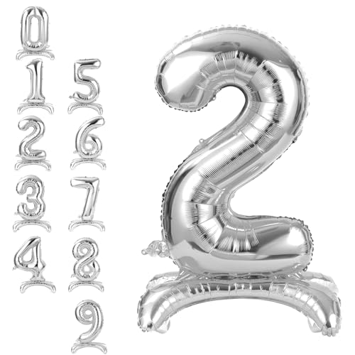 Image of APXEL Silver Standing Number 2 Balloons, 40 Inch Large Foil 2 Balloons