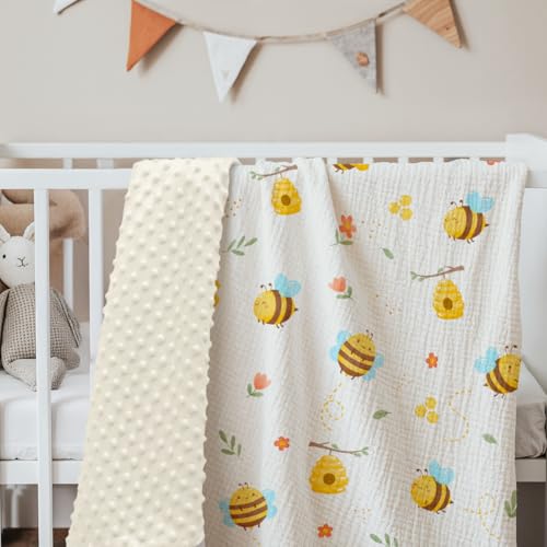 Image of SANDJEST Bee Minky Muslin & Dotted Blanket 30x40 in Gift for Holiday, Gender Reveal Party, Hospital Visit, Baptism