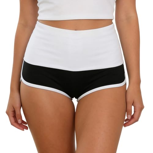 Générique Short Haute Push-Up Bicolore Froncé Moulant Fitness Décontracté Femme (White, L)