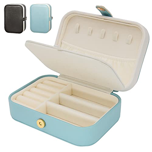 Schmuckkästchen Damen, Schmuckaufbewahrung Reise PU-Leder Schmuckkasten Mädchen, Tragbar Schmuckkoffer Organizer, Schmuckschatulle für Halsketten, Armbänder, Ringe, Ohrringe (Blau, M) Cover