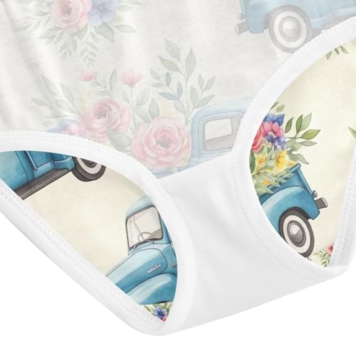 Toddler Girl Briefs, Blue Trucks Flowers Cream Cotton Underwear for Girls, 2–8 Years4