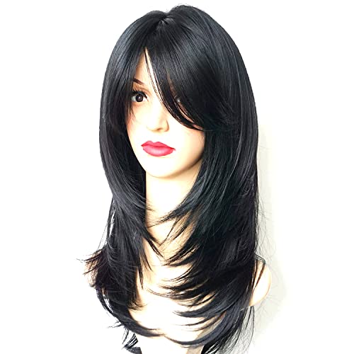 Image of Women's Full Head Wig - Shoulder Straight Length Natural Black Layered Synthetic Hair Extension for Women and Girls