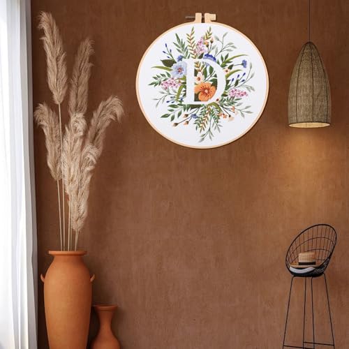 Image of IUHUI Embroidery Kit for Beginners Adults - 26 Floral Letters Easy Patterns, DIY Hand Stitching Embroidery Set with Hoop (Flower and Grass Letter D)