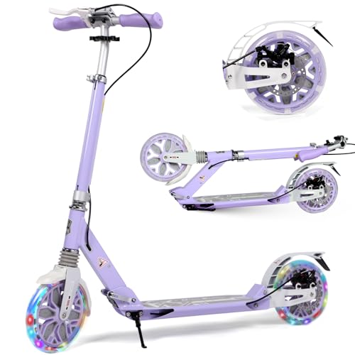 Patinete para niños de 8 a 12 años, rueda grande de 200 mm con frenos de disco y correa de transporte, patinete plegable para adolescentes de 11 a 15 años (LED, morado)