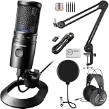 Audio-Technica AT2020USB-X Cardioid Condenser USB Microphone Bundled with Microphone Arm + Headphones + Wind Screen Pop Filter + Cleaning Cloth (5 Items)