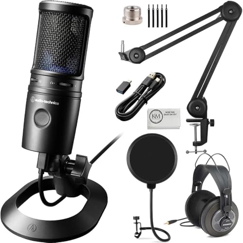 Audio-Technica AT2020USB-X Cardioid Condenser USB Microphone Bundled with Microphone Arm + Headphones + Wind Screen Pop Filter + Cleaning Cloth (5 Items)