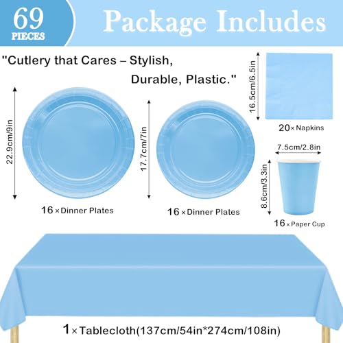 MORAINJAY 69 Stück Partygeschirr Set,Seeblau Papiergeschirr Set,Geburtstag Party Geschirr Set mit Tischdecke Pappteller Servietten Becher,für Hochzeiten,Weihnachten Geburtstagsparty Deko-16 Gäste