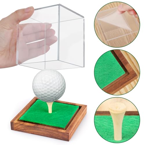 Image of Hooqict Golf Ball Display Case Clear Acrylic Golf Ball Case Display with Wood Base & Tee Ball Holder Stand UV Protected Square Cube Box Single Ball Storage Golfball Collections