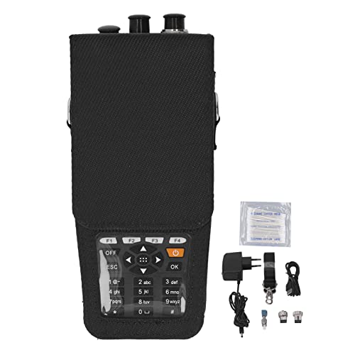 SEAFRONT AUA28U OTDR tester placed inside its protective carrying case, alongside included accessories such as a power adapter, USB cable, and cleaning swabs.