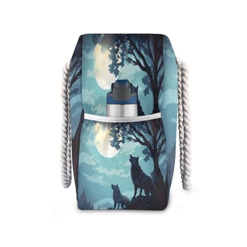 ATTX Evening Moon Wolf Beach Bags for Women - Large Beach Bags with Zipper Waterproof Sandproof Swim Pool Bag Large Tote#313