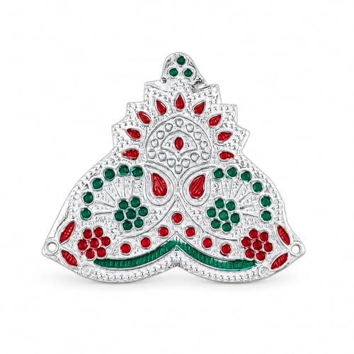 Image of Silver Decorative Mukut /Crown with Red & Green Stone Work for Pooja, Religious Decoration