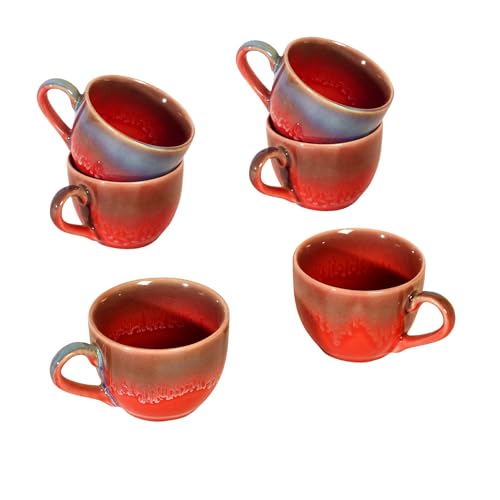 Image of AAKRITI ART CREATIONS Rustic Drip Tea Cups Set of 6 | Ceramic Cup Set | Multipurpose Utility Cups | Modern Art Ceramic Cups, Kitchen Essentials | Glossy Finish, Red Tea Cup Set