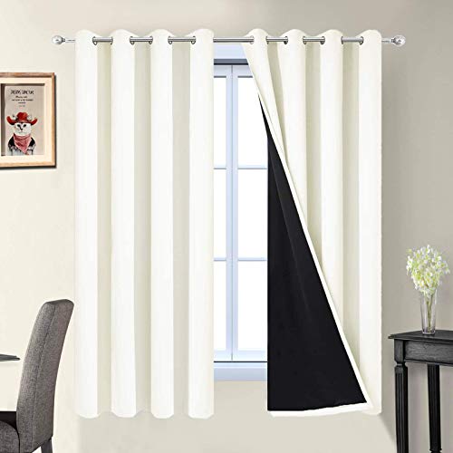 Image of Yakamok 100% Blackout Curtains with Black Liners, Solid Home Decor Thermal Insulated Full Blackout 2-Layer Lined Drapes, Energy Efficiency Window Draperies for Bedroom (52Wx63L, Cream, 2 Panels)