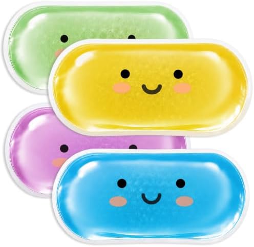 4 Stück Kühlpads Kinder, Wiederverwendbare Kühlakkus für Kinder, Gelmaterial Lächeln in Verschiedenen Farben, UngiftigLeicht und Bequem für Fieber, Schwellen und Insektenstiche