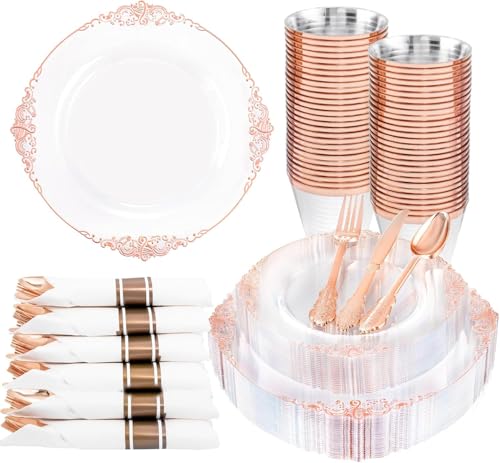 Nervure 175PCS Rose Gold Plastic Plates - Disposable Rose Gold Party Plates & Pre Rolled Napkins with Cutlery for 25 Guests 50Plates 75Silverware 25Cups 25Napkin for Wedding & Party