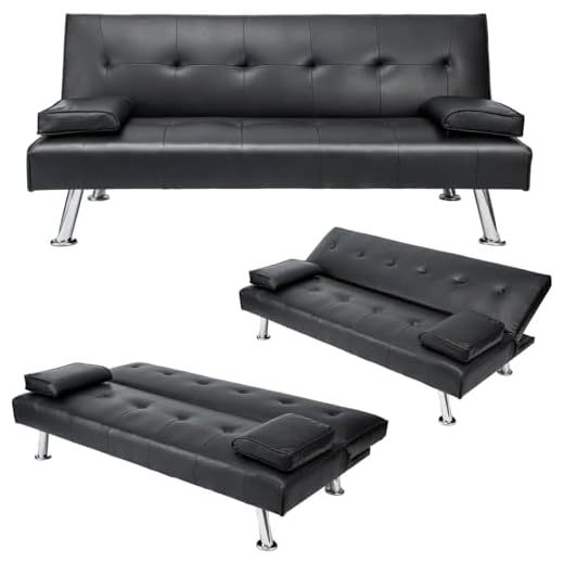 3 Seater Sofa Bed Adjustable Angle Sofa with Wooden Legs for Living Room Guest Room Office (Leather Black)
