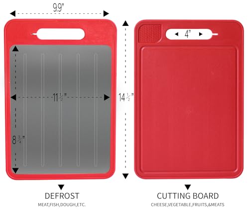 Tabla de cortar rectangular Funday de plástico rojo con mango incorporado y ranura para jugos, multifuncional con afilador y rallador miniatura 6