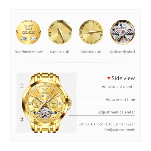 Image of OLEVS Automatic Watches for Men Luxury Skeleton Multi-Function Mechanical Watch Self Winding Date Waterproof Luminous Mens Watch