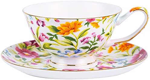 PMNING Tea cup and Saucer Set Royal Garden Style Tea Coffee Cup with Saucer 7 Ounces Bone China Teacup and saucer Set(White)